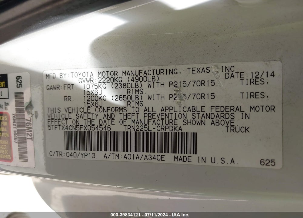 2015 TOYOTA TACOMA VIN: 5TFTX4CN5FX054546