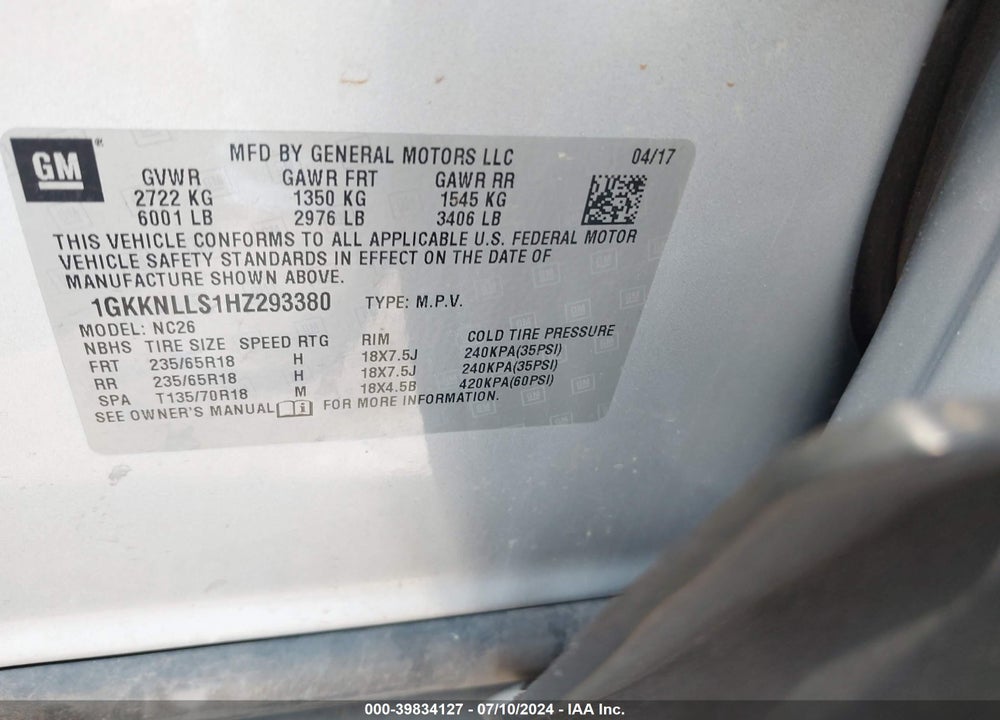 2017 GMC ACADIA SLE-2 VIN: 1GKKNLLS1HZ293380