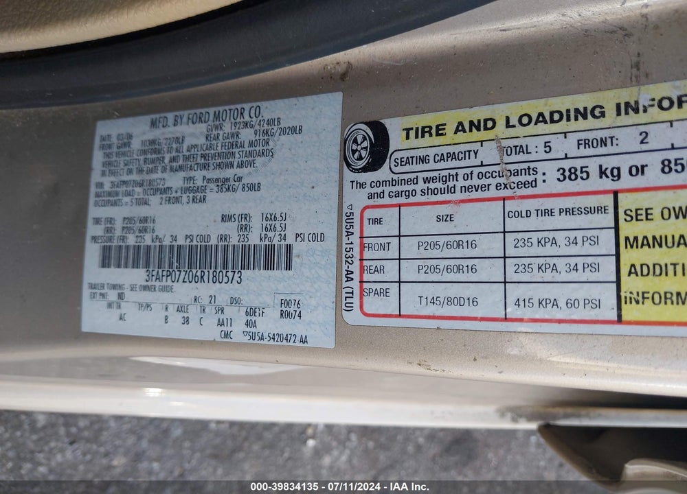 2006 FORD FUSION SE VIN: 3FAFP07Z06R180573