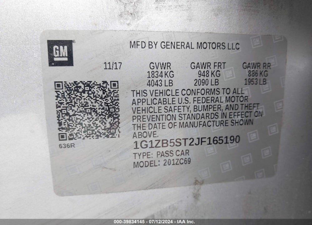 2018 CHEVROLET MALIBU 1LS VIN: 1G1ZB5ST2JF165190