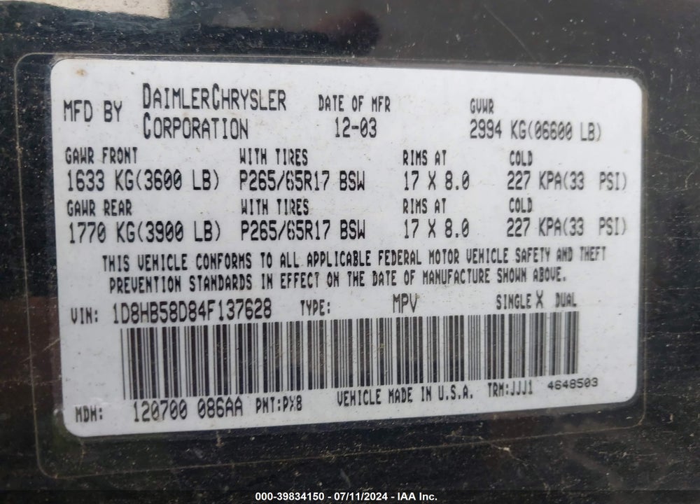 2004 DODGE DURANGO LIMITED VIN: 1D8HB58D84F137628