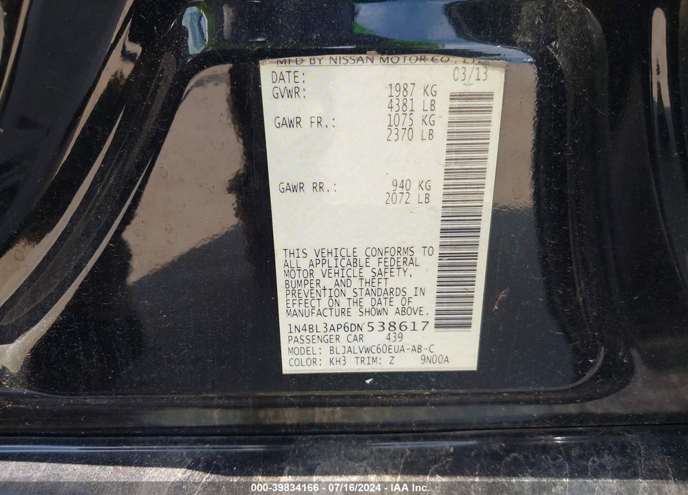 2013 NISSAN ALTIMA 3.5 SL VIN: 1N4BL3AP6DN538617
