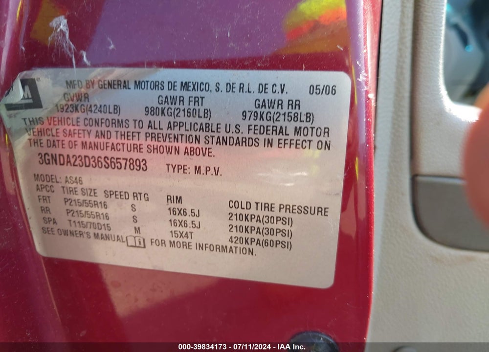 2006 CHEVROLET HHR LT VIN: 3GNDA23D36S657893