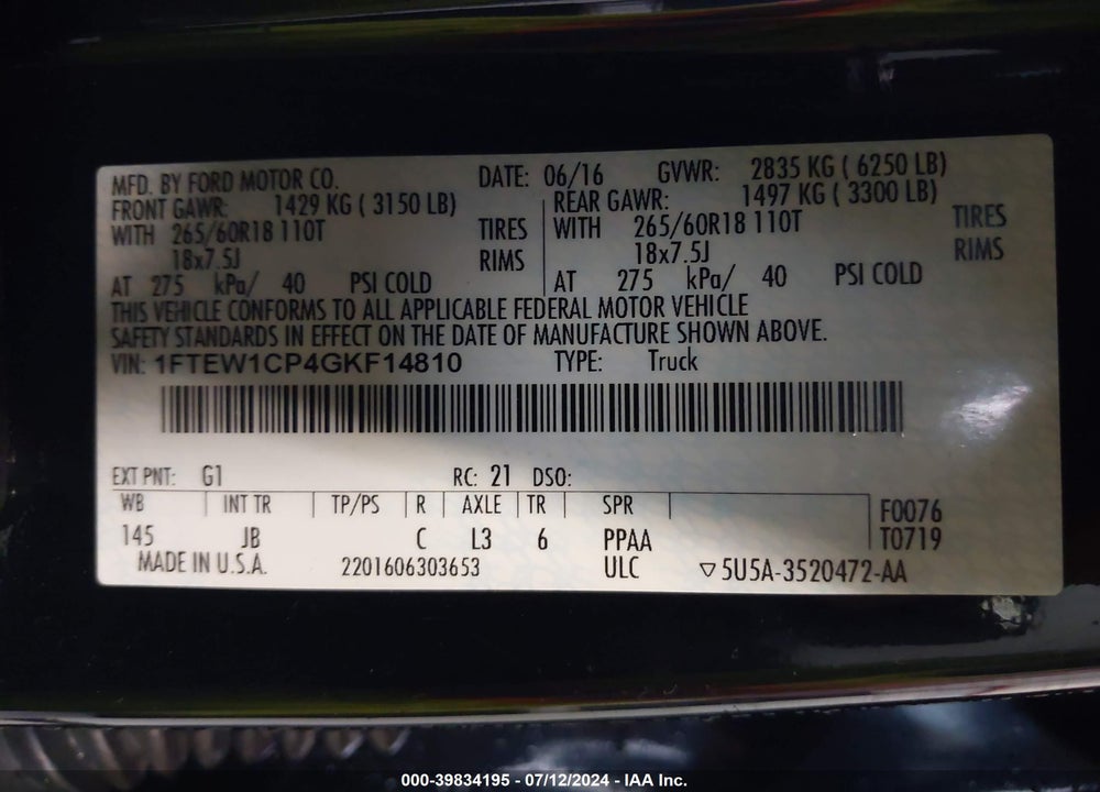 2016 FORD F-150 XLT VIN: 1FTEW1CP4GKF14810