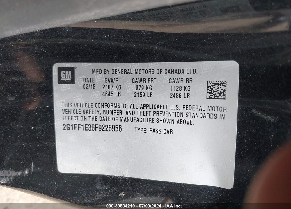 2015 CHEVROLET CAMARO 2LT VIN: 2G1FF1E36F9226956