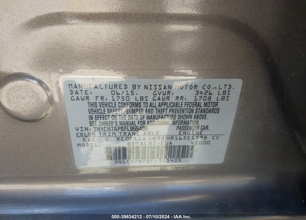 2015 NISSAN VERSA 1.6 SV VIN: 3N1CN7AP8FL955405