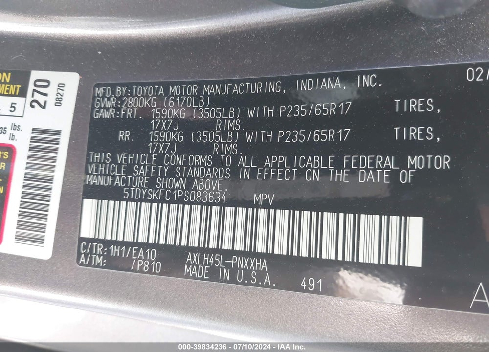 2023 TOYOTA SIENNA XLE VIN: 5TDYSKFC1PS083634
