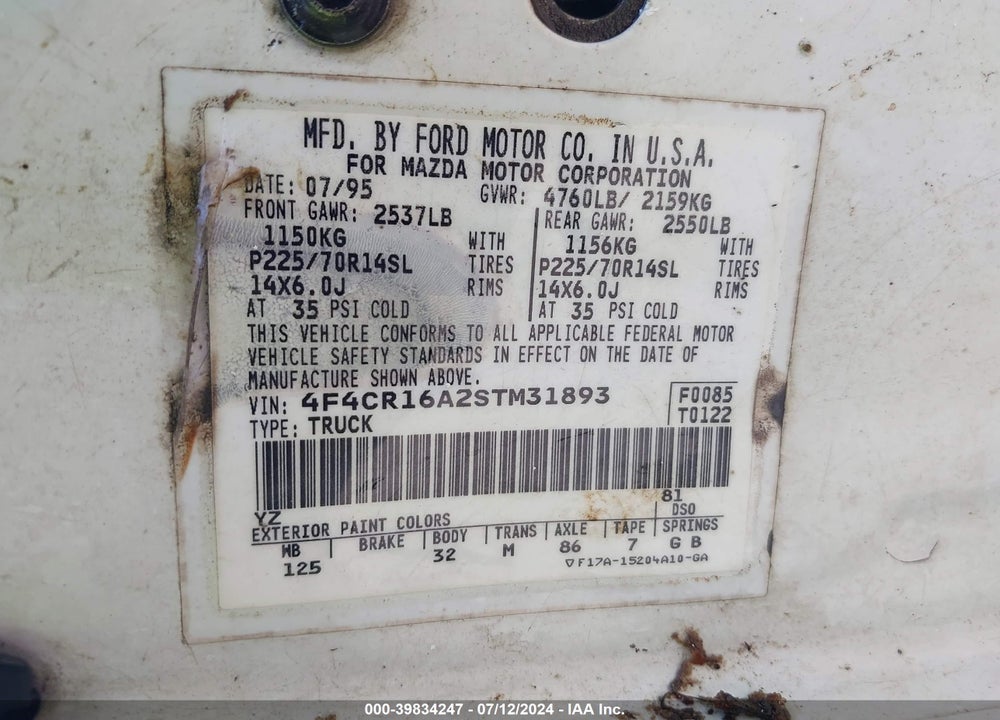 1995 MAZDA B2300 CAB PLUS VIN: 4F4CR16A2STM31893