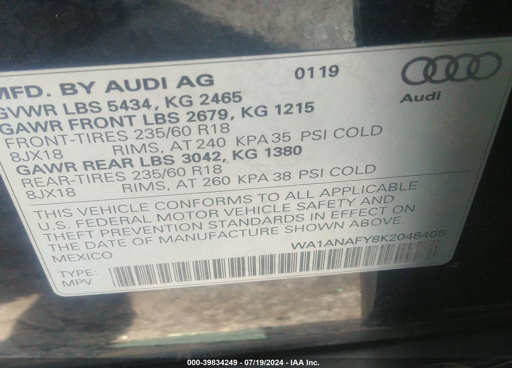 2019 AUDI Q5 45 PREMIUM VIN: WA1ANAFY8K2048405