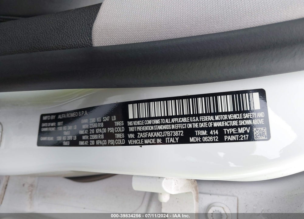 2018 ALFA ROMEO STELVIO AWD VIN: ZASFAKAN2J7B73872