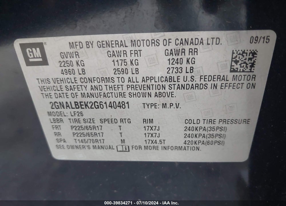 2016 CHEVROLET EQUINOX LS VIN: 2GNALBEK2G6140481