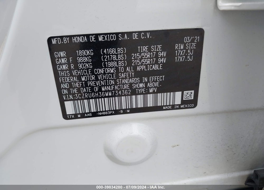 2021 HONDA HR-V AWD LX VIN: 3CZRU6H36MM734362