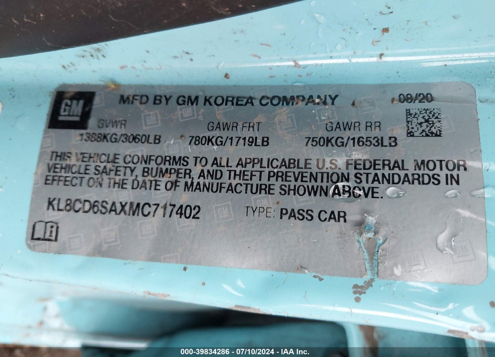 2021 CHEVROLET SPARK FWD 1LT AUTOMATIC VIN: KL8CD6SAXMC717402