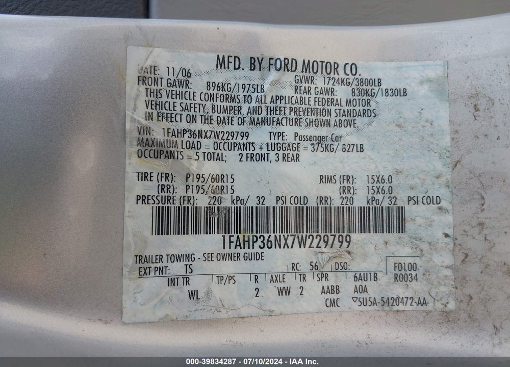 2007 FORD FOCUS SE/SES VIN: 1FAHP36NX7W229799