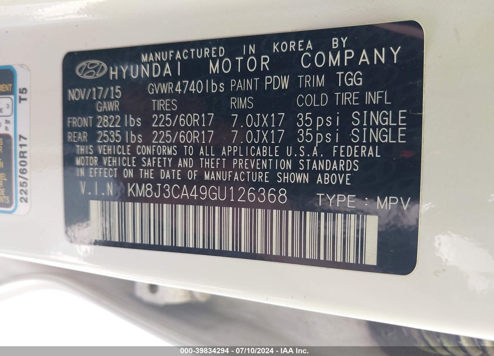 2016 HYUNDAI TUCSON SE VIN: KM8J3CA49GU126368