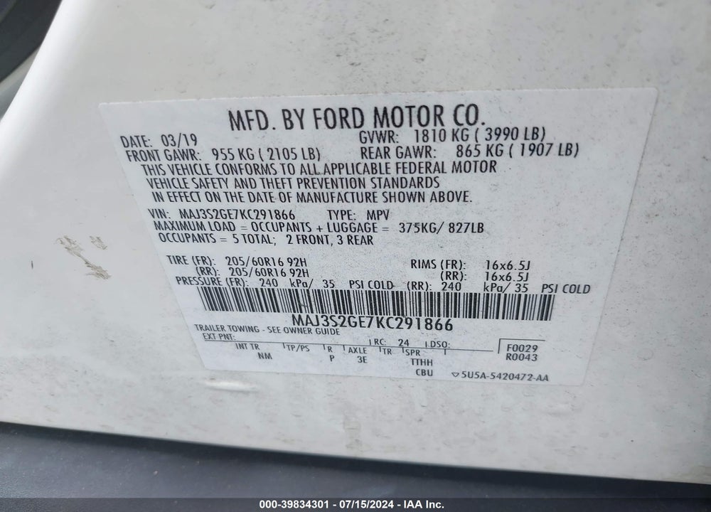 2019 FORD ECOSPORT SE VIN: MAJ3S2GE7KC291866