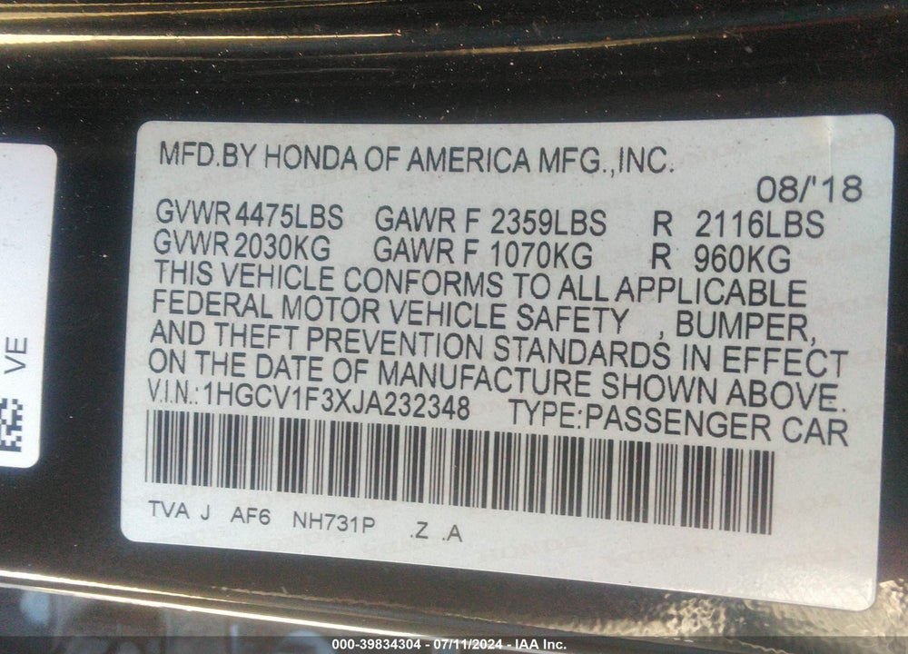 2018 HONDA ACCORD SPORT VIN: 1HGCV1F3XJA232348
