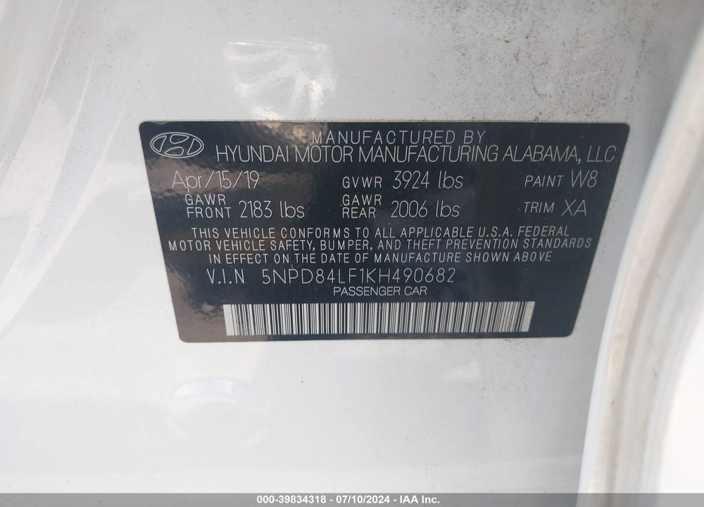 2019 HYUNDAI ELANTRA SEL VIN: 5NPD84LF1KH490682