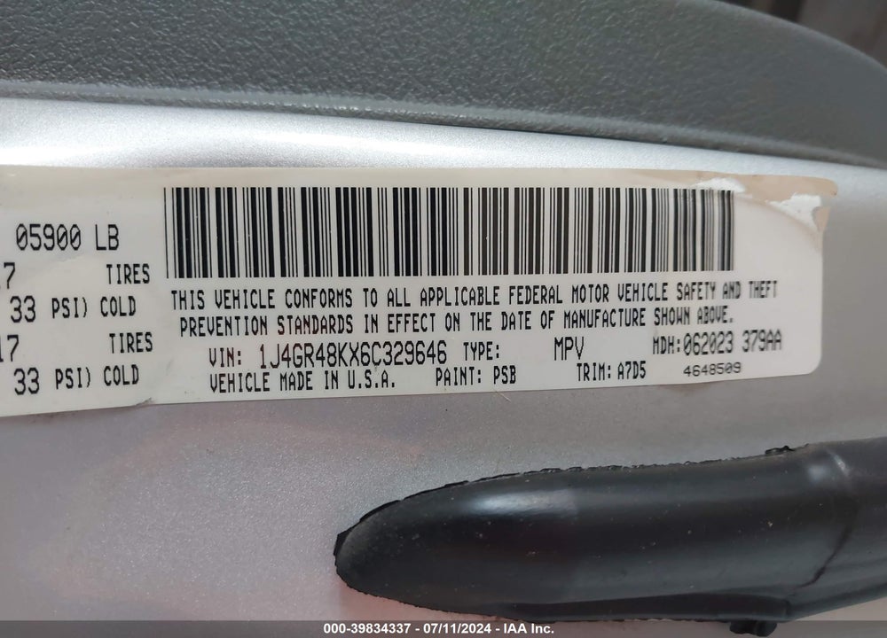 2006 JEEP GRAND CHEROKEE LAREDO VIN: 1J4GR48KX6C329646