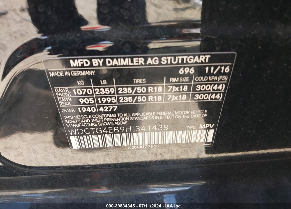 2017 MERCEDES-BENZ GLA 250 VIN: WDCTG4EB9HJ341438