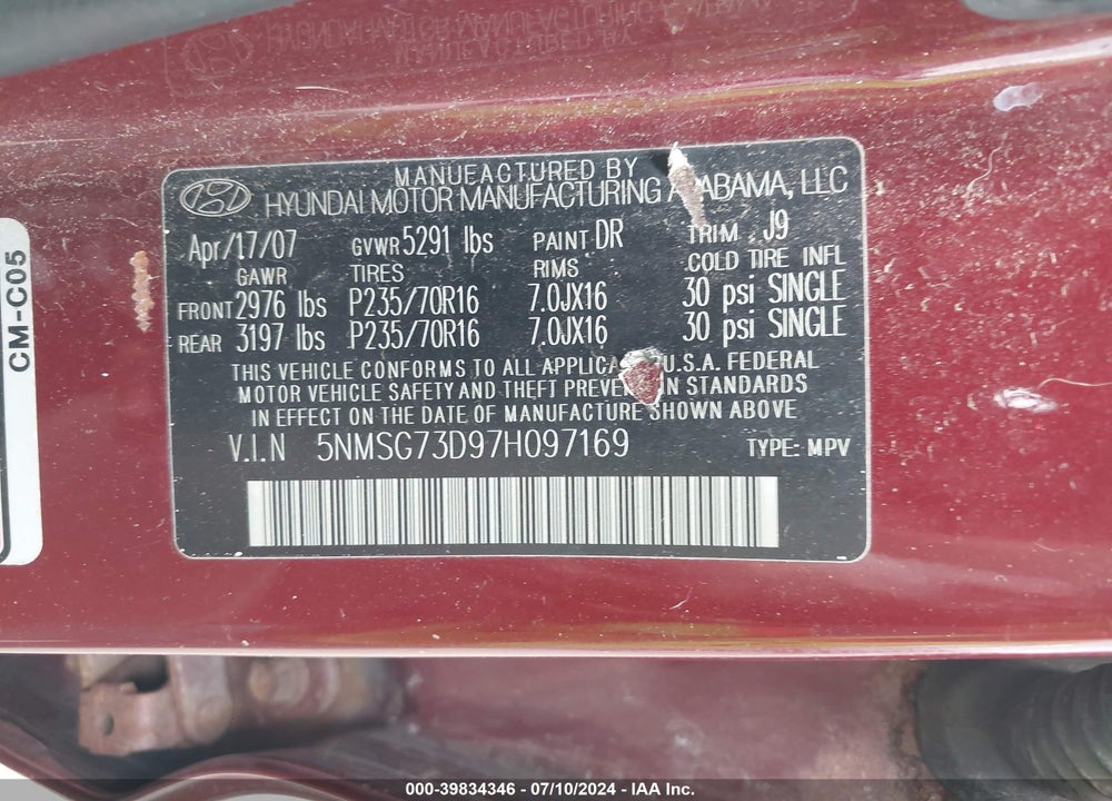 2007 HYUNDAI SANTA FE GLS VIN: 5NMSG73D97H097169