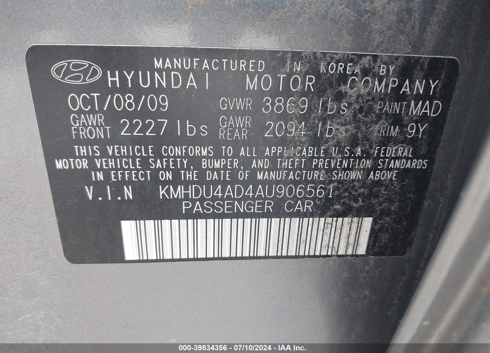 2010 HYUNDAI ELANTRA GLS VIN: KMHDU4AD4AU906561