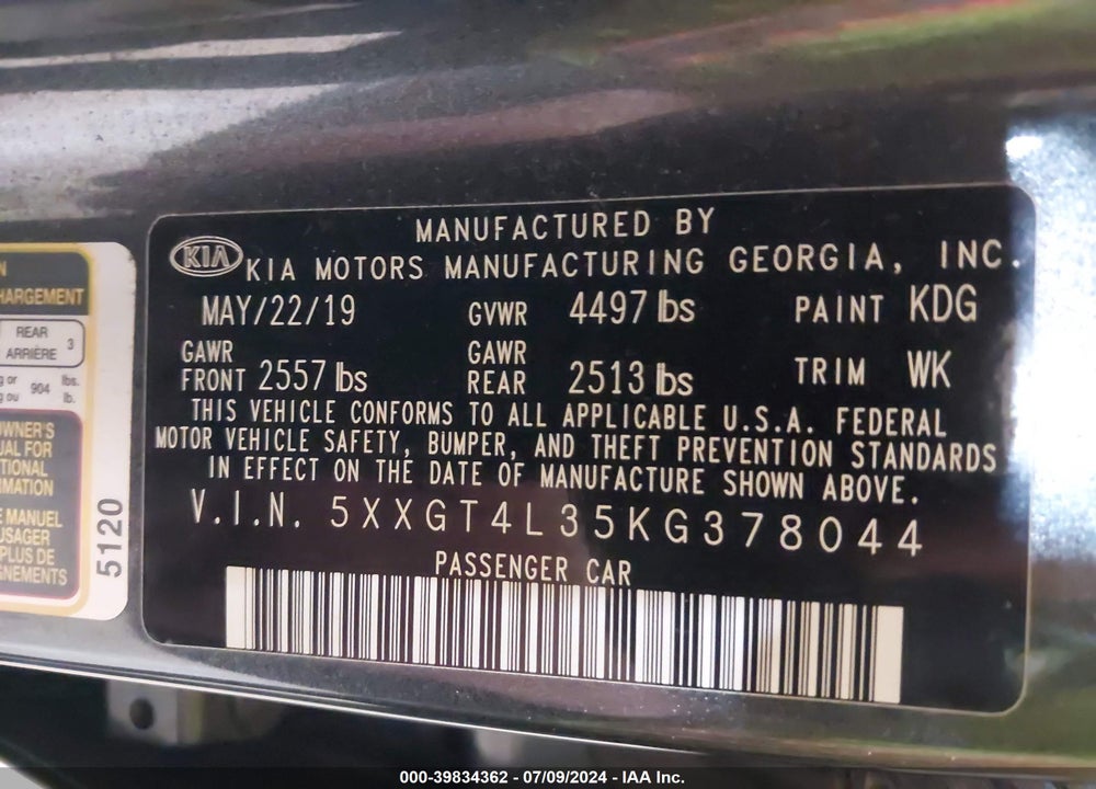 2019 KIA OPTIMA LX VIN: 5XXGT4L35KG378044