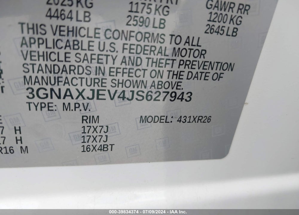 2018 CHEVROLET EQUINOX LT VIN: 3GNAXJEV4JS627943