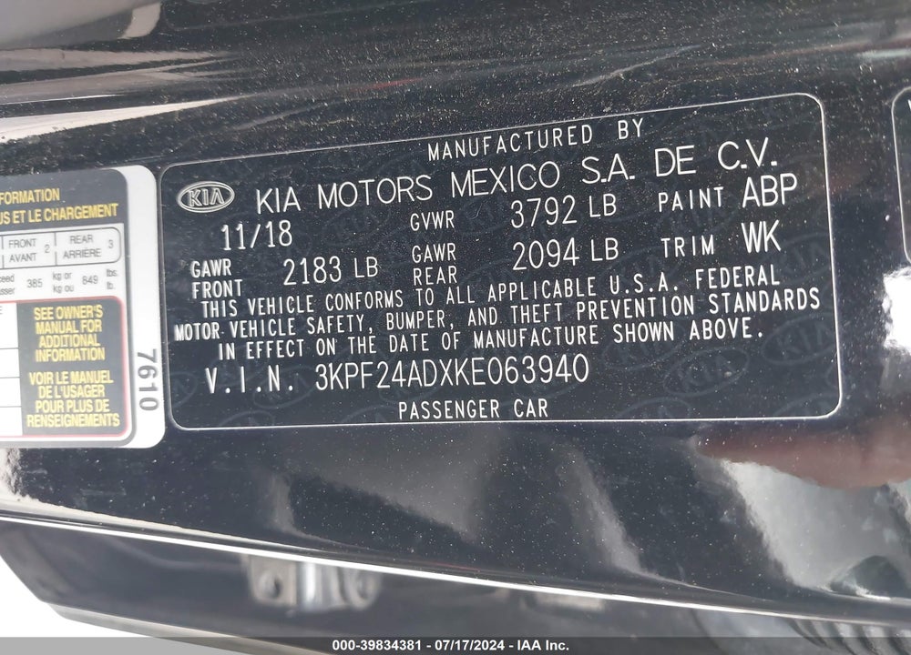 2019 KIA FORTE LXS VIN: 3KPF24ADXKE063940