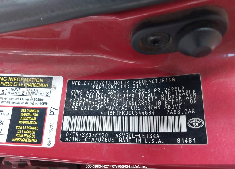 2012 TOYOTA CAMRY VIN: 4T1BF1FK3CU544684