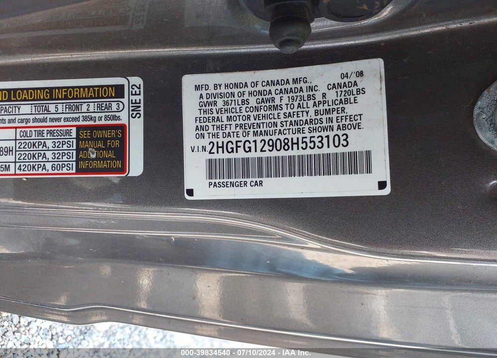 2008 HONDA CIVIC EX-L VIN: 2HGFG12908H553103