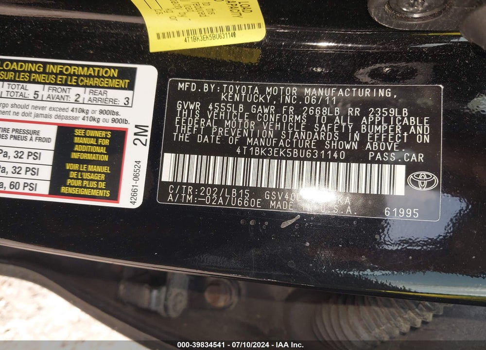 2011 TOYOTA CAMRY SE V6 VIN: 4T1BK3EK5BU631140