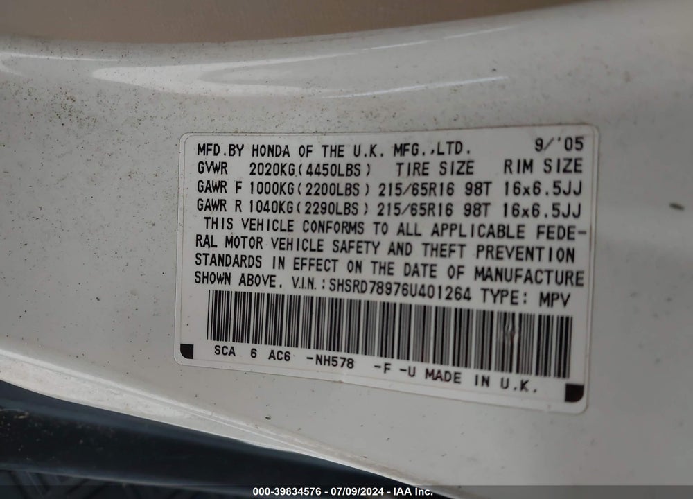 2006 HONDA CR-V SE VIN: SHSRD78976U401264