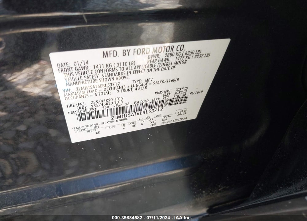 2014 LINCOLN MKT ECOBOOST VIN: 2LMHJ5AT6EBL53712