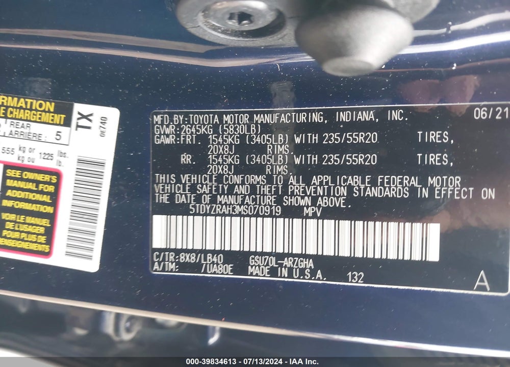 2021 TOYOTA HIGHLANDER LIMITED VIN: 5TDYZRAH3MS070919