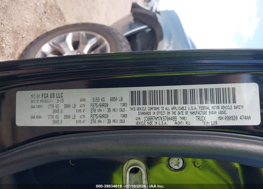 2019 RAM 1500 CLASSIC VIN: 1C6RR7NM7KS704499