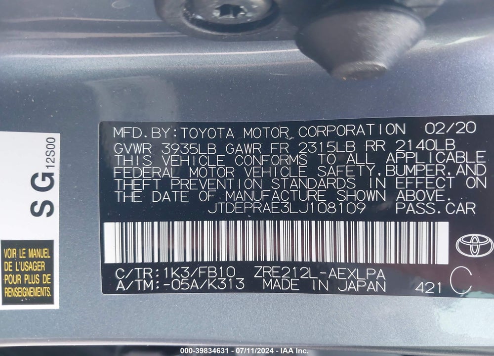 2020 TOYOTA COROLLA LE VIN: JTDEPRAE3LJ108109