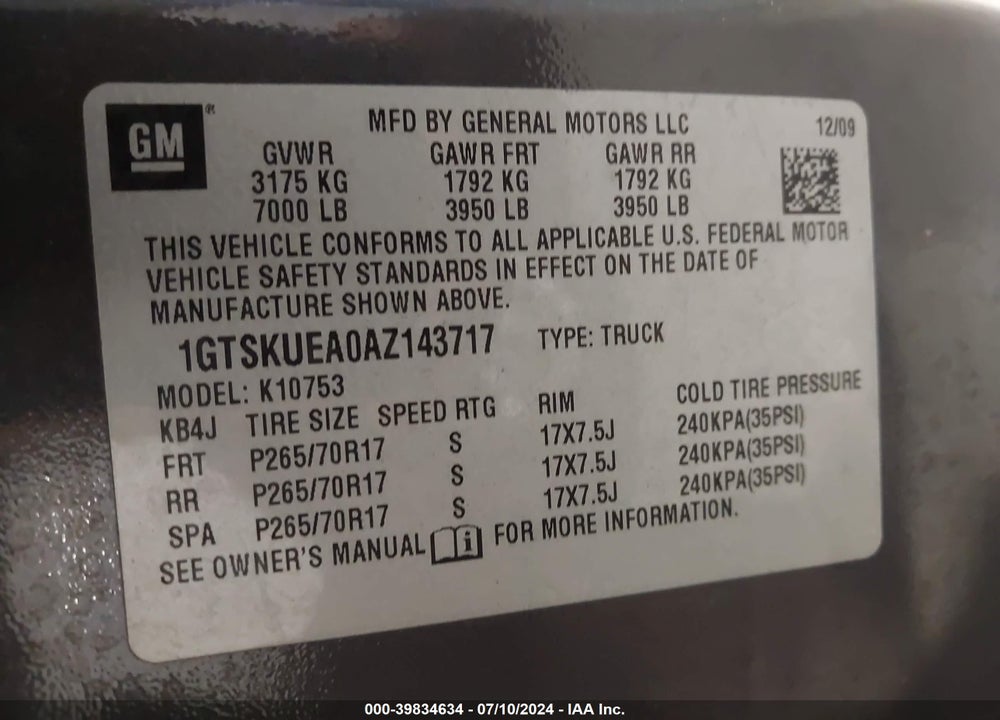 2010 GMC SIERRA 1500 SL VIN: 1GTSKUEA0AZ143717