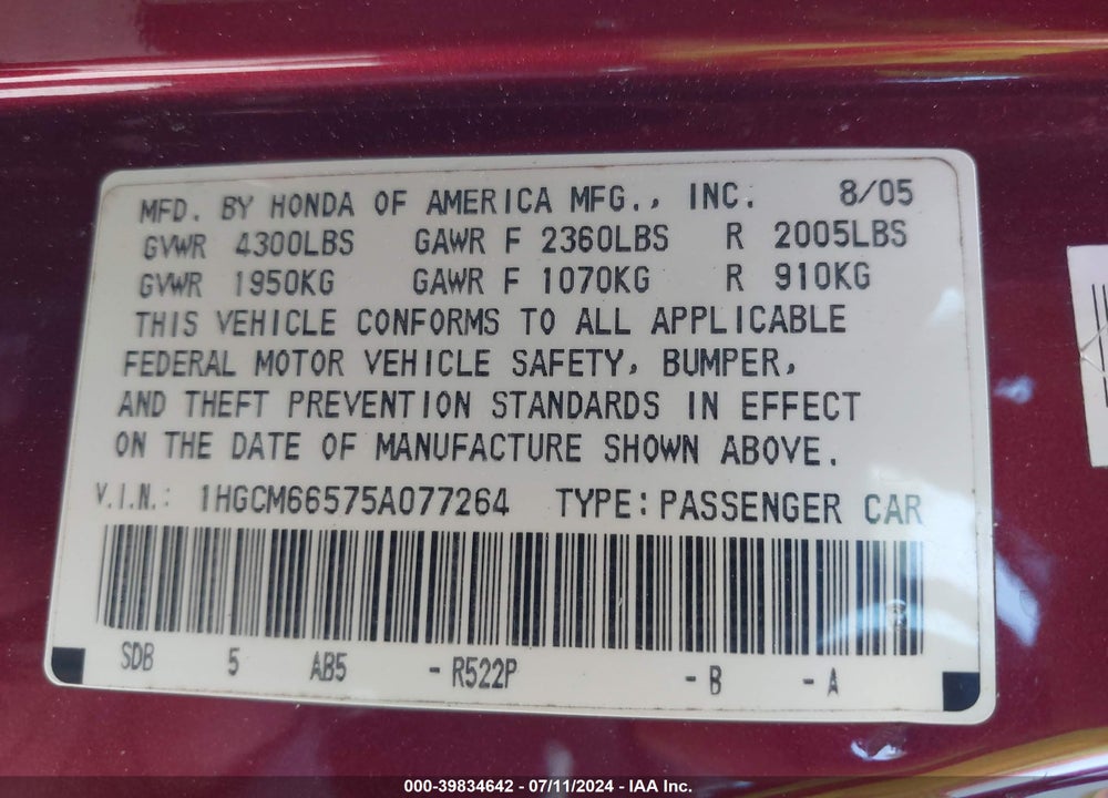 2005 HONDA ACCORD VIN: 1HGCM66575A077264