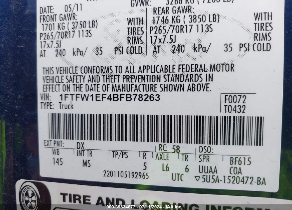 2011 FORD F-150 XLT VIN: 1FTFW1EF4BFB78263