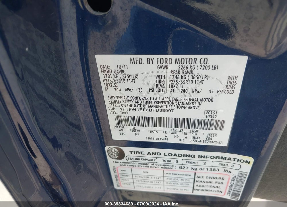 2011 FORD F-150 LARIAT VIN: 1FTFW1EF6BFD38997