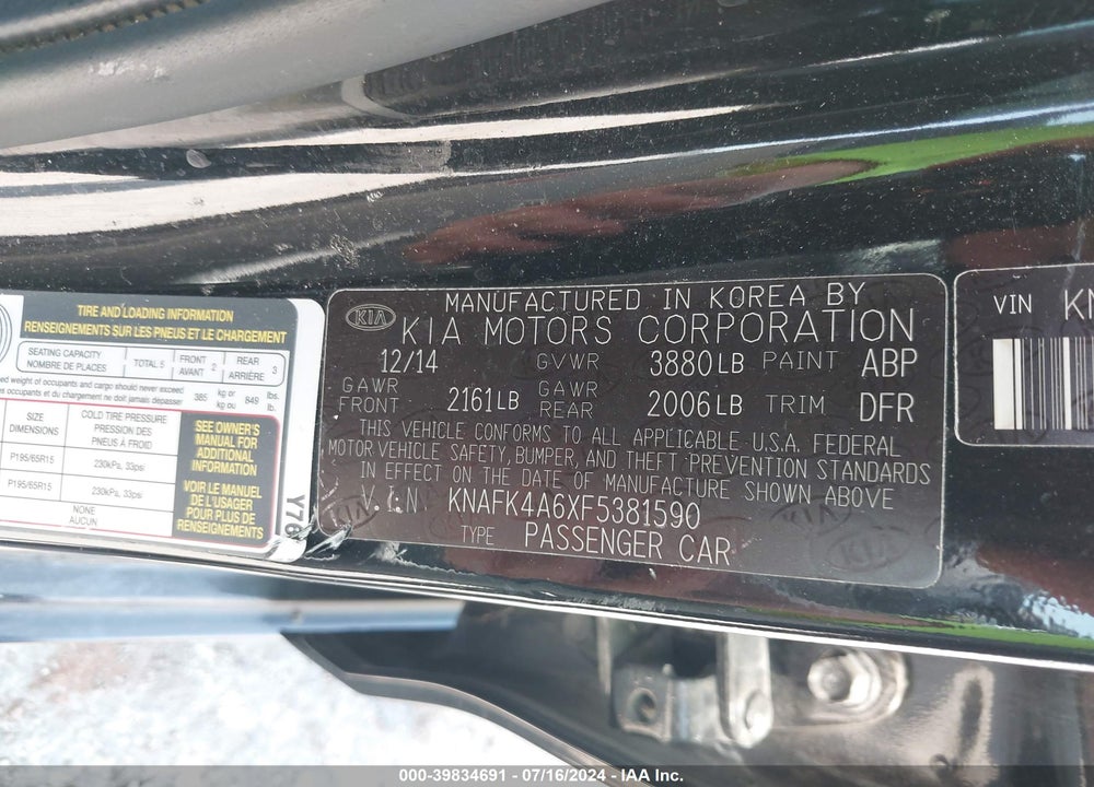 2015 KIA FORTE LX VIN: KNAFK4A6XF5381590