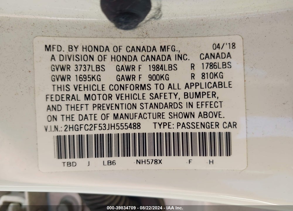 2018 HONDA CIVIC LX VIN: 2HGFC2F53JH555488
