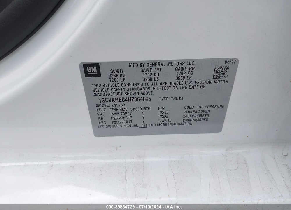 2017 CHEVROLET SILVERADO 1500 1LT VIN: 1GCVKREC4HZ364095