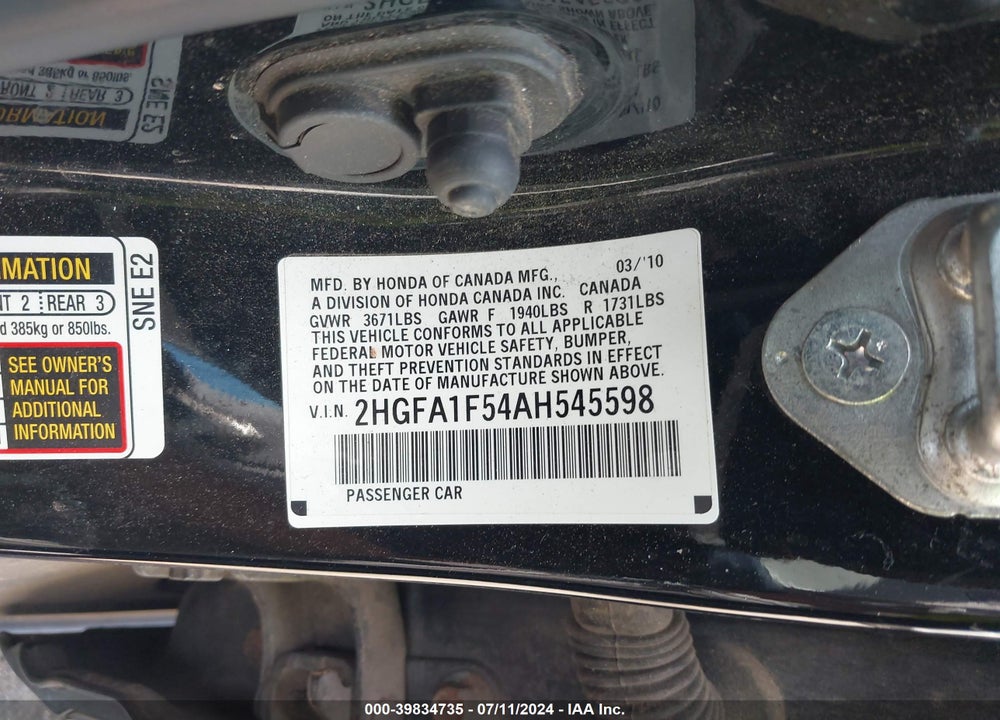 2010 HONDA CIVIC LX VIN: 2HGFA1F54AH545598