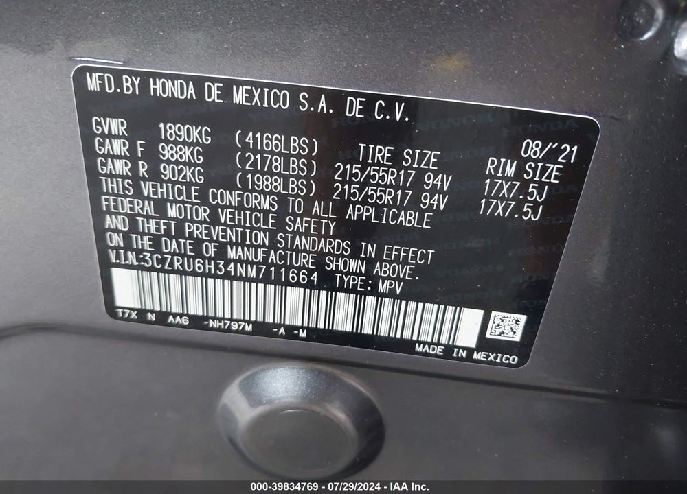 2022 HONDA HR-V AWD LX VIN: 3CZRU6H34NM711664