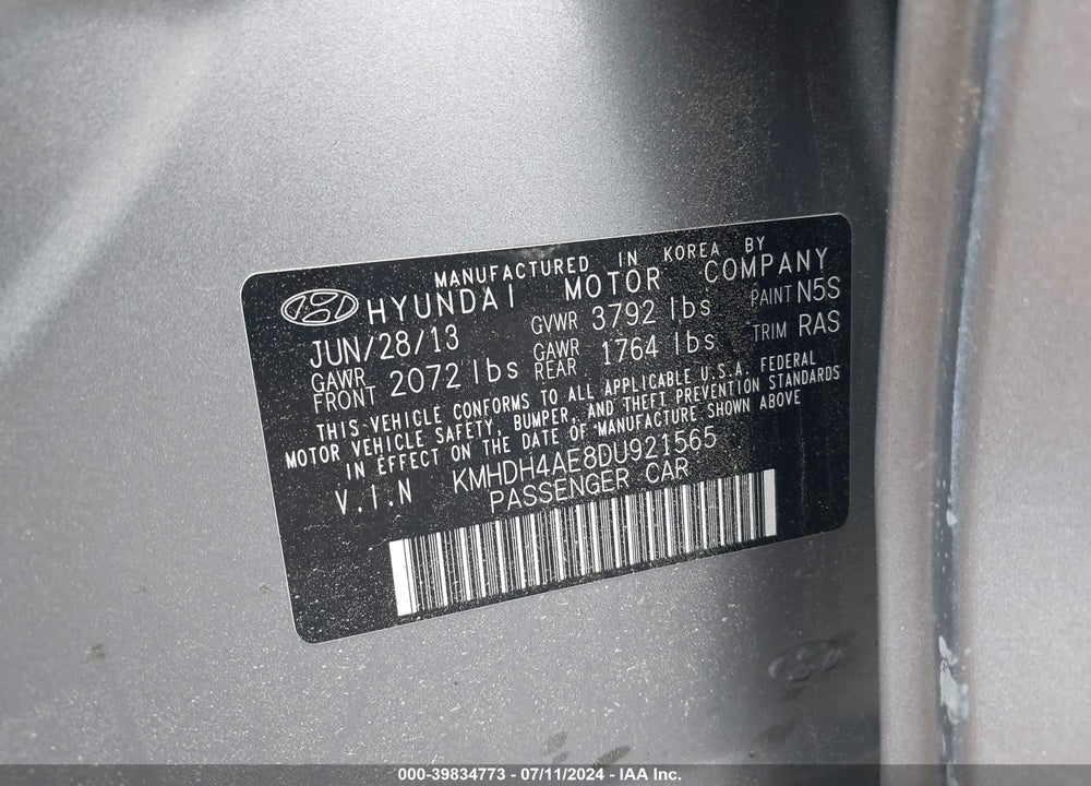 2013 HYUNDAI ELANTRA GLS VIN: KMHDH4AE8DU921565