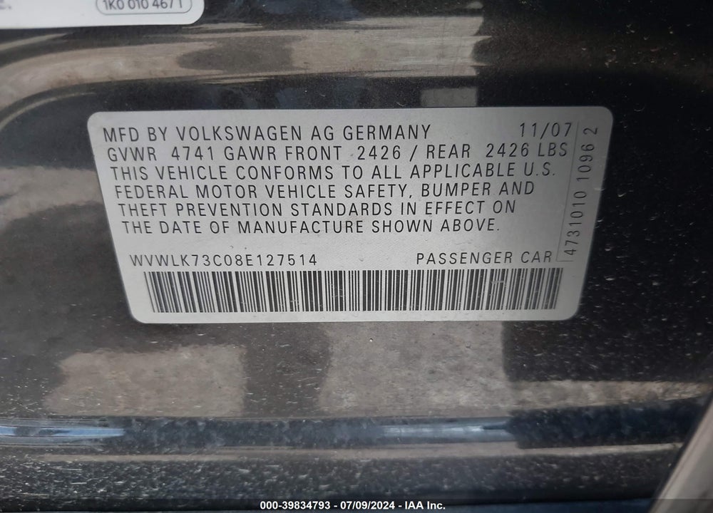 2008 VOLKSWAGEN PASSAT KOMFORT VIN: WVWLK73C08E127514