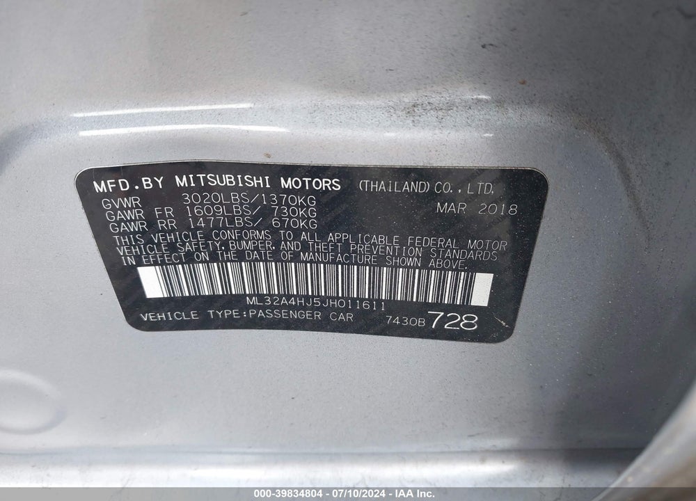2018 MITSUBISHI MIRAGE SE VIN: ML32A4HJ5JH011611
