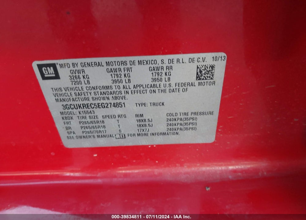 2014 CHEVROLET SILVERADO 1500 2LT VIN: 3GCUKREC5EG274851